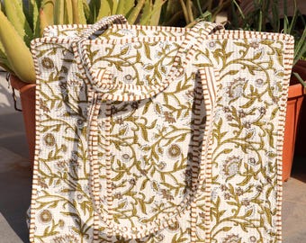 Quilted Block Print Floral Tote Bag | Padded Cotton Shoulder Bag | Handmade Reversible Market Tote | Botanical Block Print Cotton Market Bag