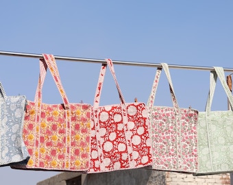 Handmade Block Print Cotton Tote Bag | Reusable Market Bag | Floral Indian Print Shoulder Bag,Lightweight Floral Shoulder Bag | Artisan Made