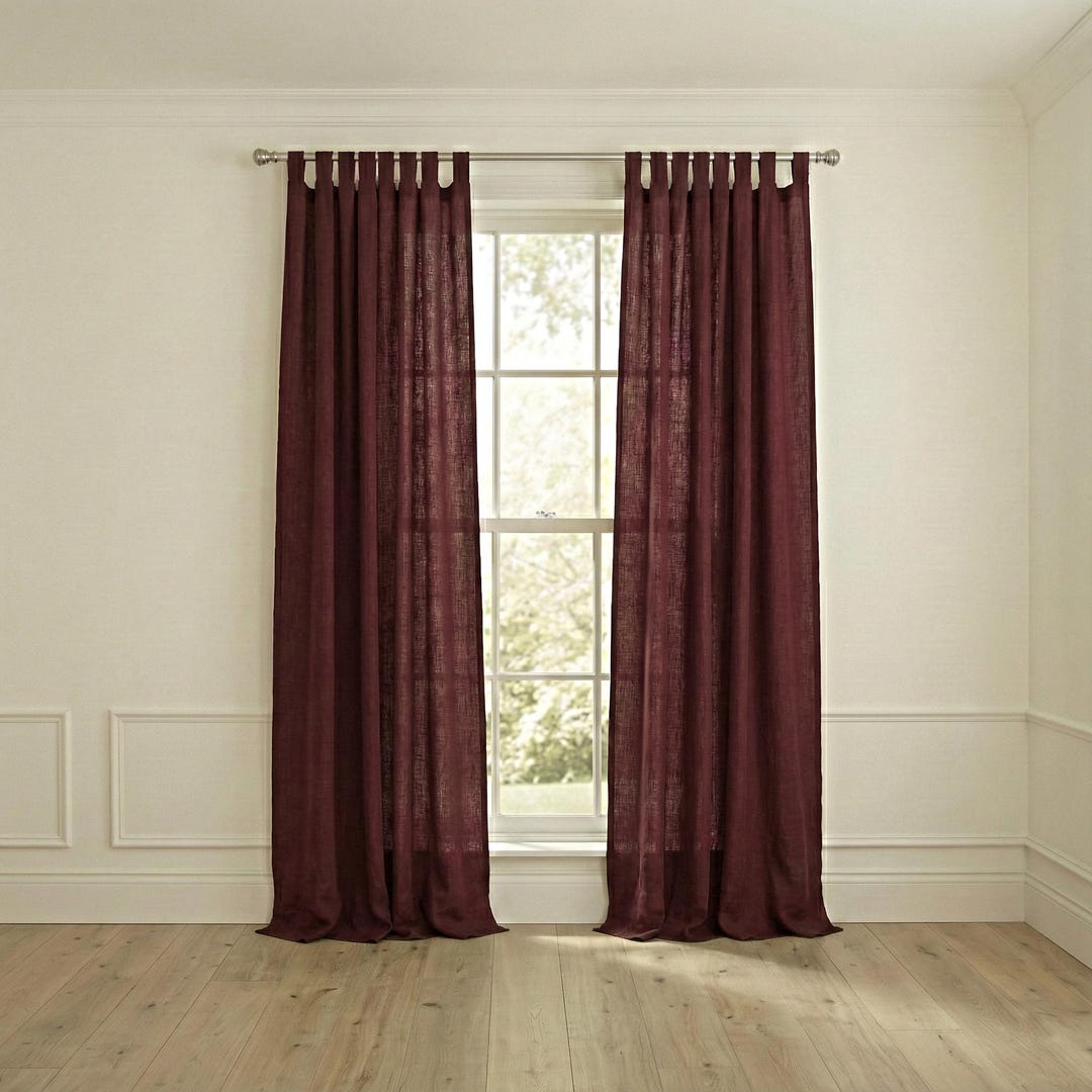 Burgundy Linen Curtain Panels, Tab Top Drapes, Luxury Sheer-Look Window Treatment, Modern Boho Living Room Decor