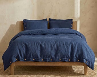 Navy Blue Linen Duvet Cover Set, Washed Flax Linen Bedding with Button Closure, Soft Breathable Comforter Cover, Farmhouse Bedroom Decor