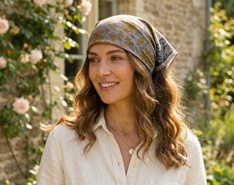 Mustard Floral Bandana – Soft Boho Head Scarf, Vintage Block Print Style, Festival Hair Wrap | Rustic Chic Minimal Boho Head Scarf
