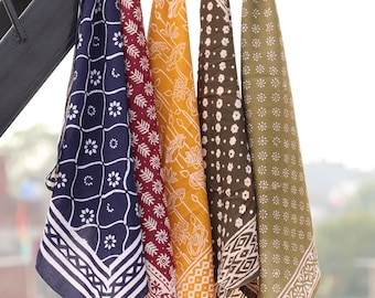 Hand Block Print Cotton Bandana Set - Vintage Floral Head Scarf