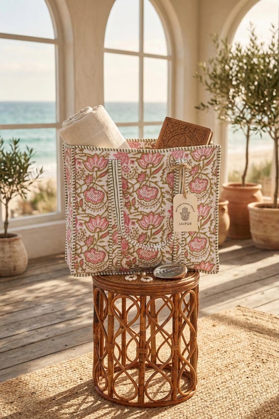 Pink Floral Block Print Tote Bag, Handmade Cotton Beach Bag, Boho Travel Tote, Eco Friendly Shopper, Reusable Market Bag