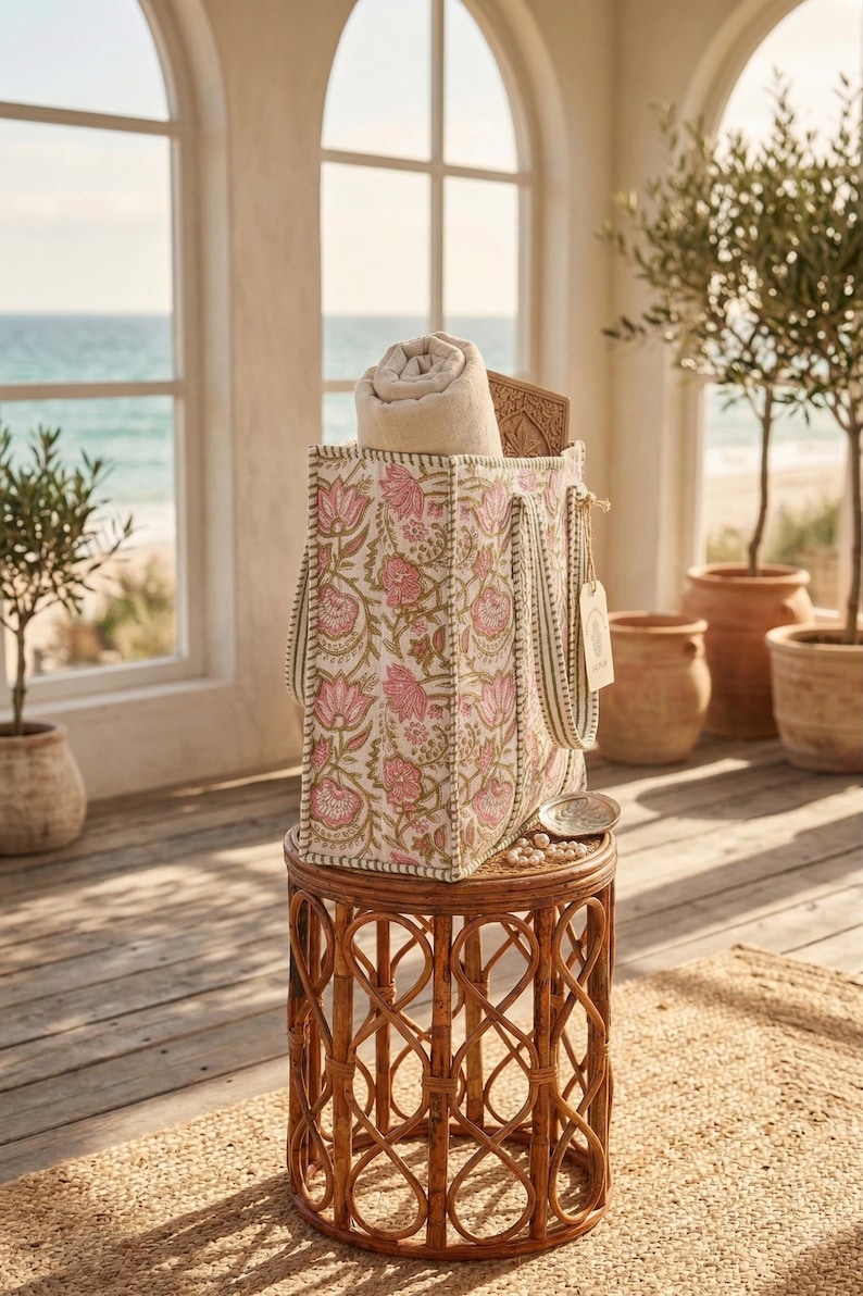 May include: A floral print tote bag with pink and green accents sits on a woven side table. The bag contains a rolled-up beige towel and a wooden box. The scene is set near the ocean, with olive trees in terracotta pots.