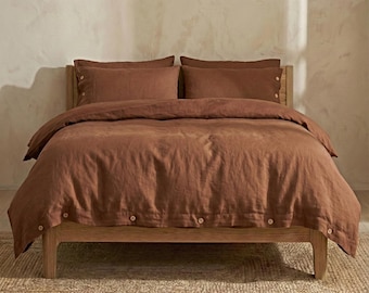 Cocoa Brown 100% Cotton Duvet Cover with Natural Wood Buttons, Modern Minimal Bedding, Aesthetic Cozy Neutral Bedroom Decor