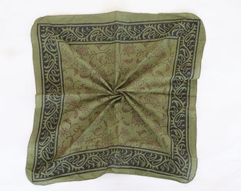 Handmade Block Print Cotton Bandana - Green Floral Scarf, Boho Head Wrap