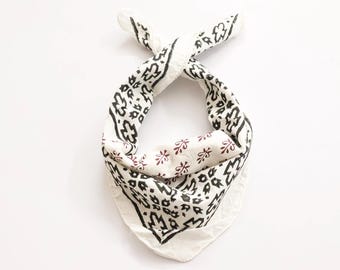 Handmade Block Print Cotton Bandana – White, Black & Red Floral