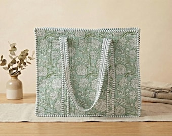 Borsa tote trapuntata verde salvia con stampa floreale, shopper in cotone fatta a mano, stampa a blocchi riutilizzabile, borsa ecologica, borsa a tracolla, borsa da mercato in cotone riutilizzabile