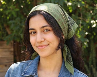 Green Floral Block Print Cotton Bandana – Boho Headscarf | Hair Wrap | Handmade Square Scarf for Women | Lightweight Cotton Hair Accessory