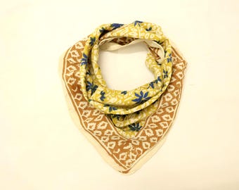 Hand Block Printed Cotton Bandana | Yellow Floral Boho Headscarf