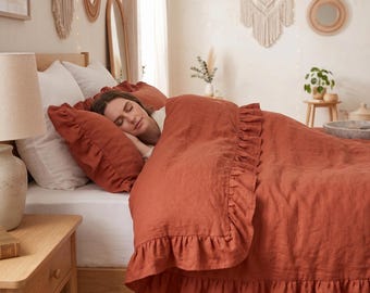 Funda nórdica de lino color naranja quemado con volantes, ropa de cama de lino lavado, funda de edredón de lino suave, decoración de dormitorio estilo granja bohemia, funda nórdica hecha a mano