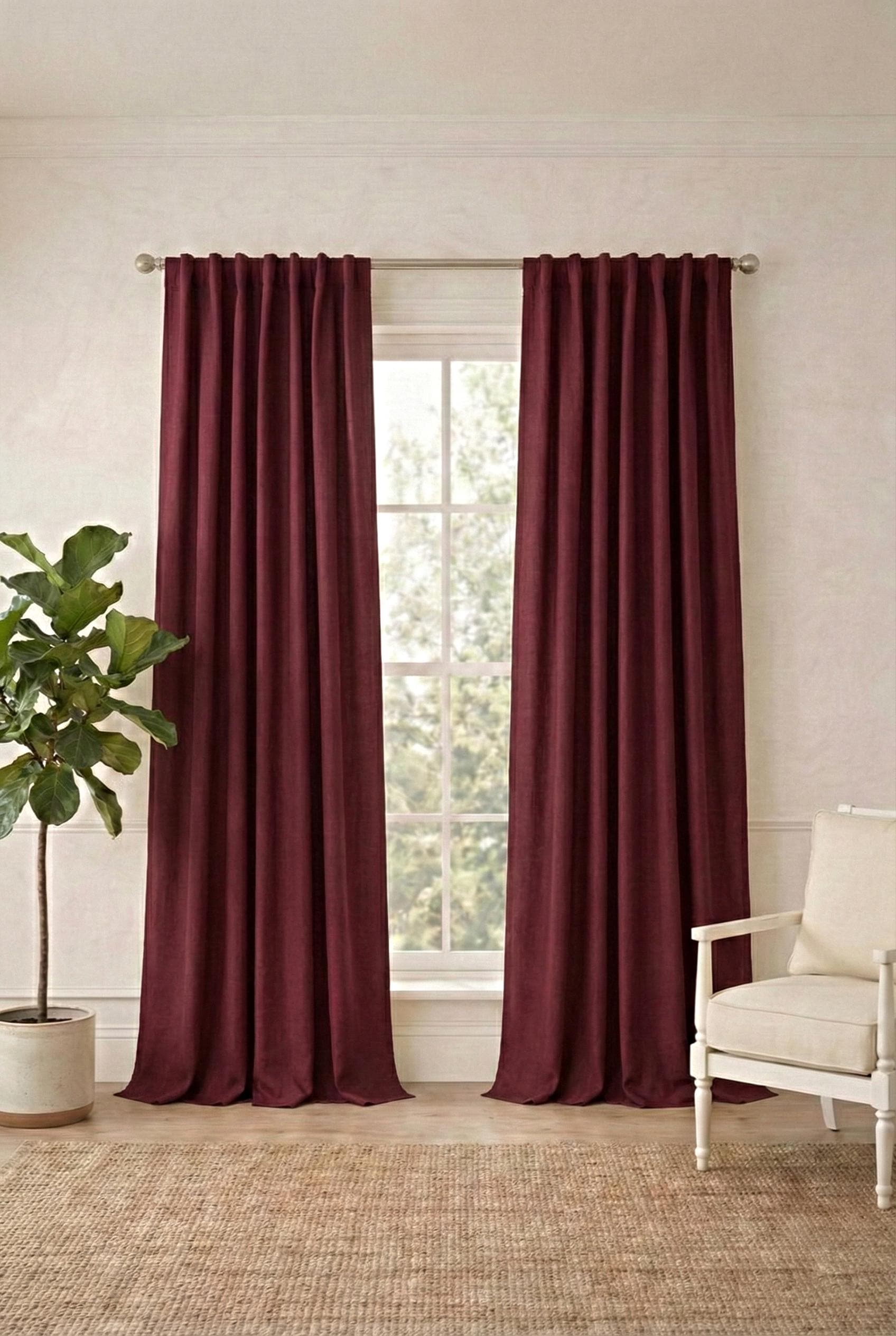 Golden Linen Juego De Cortinas De Lujo Rojo Burdeos – Panel Con Cenefa Y Visillo Transparente – 84x108 Pulgadas