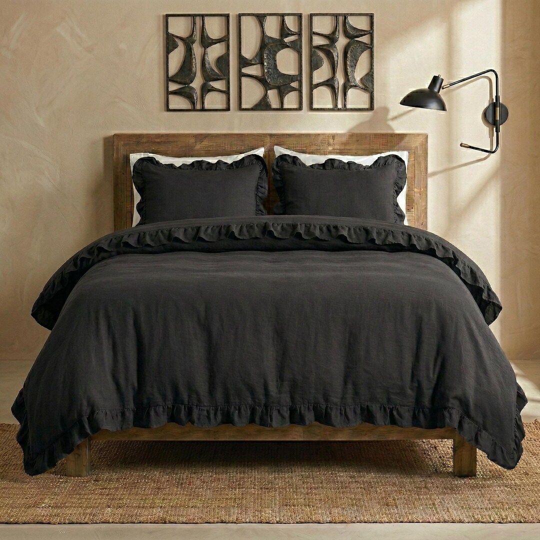 Black Linen Ruffle Edge Duvet Cover, Rustic Washed Bedding Set ...