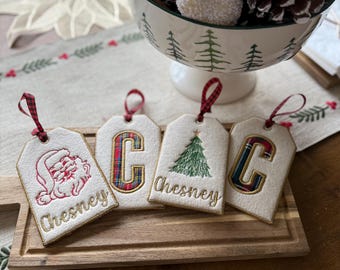 Personalized Embroidered Felt Christmas Stocking or Present Tag - Velvet or Gingham Ribbon