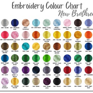 May include: An embroidery color chart titled "Embroidery Colour Chart New Brothread" with a variety of thread colors. The chart displays a range of colors, including white, pink, blue, yellow, green, and red, with corresponding color codes.