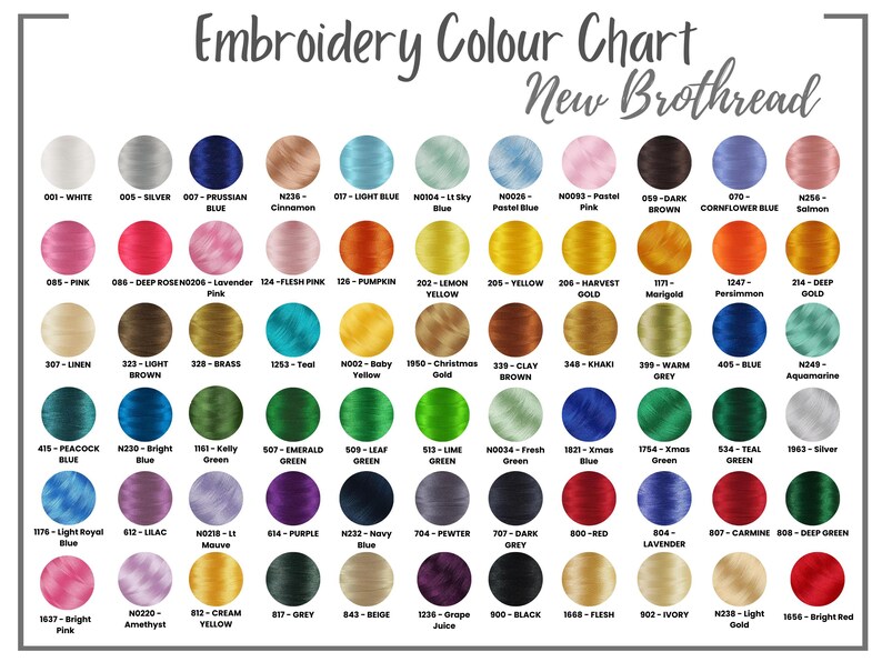 May include: An embroidery color chart titled "Embroidery Colour Chart New Brothread" with a variety of thread colors. The chart displays a range of colors, including white, pink, blue, yellow, green, and red, with corresponding color codes.