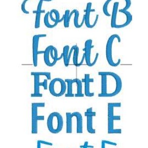 May include: A white background displays six different blue fonts labeled A through F. Font A, B, and F are cursive. Font C is a mix of cursive and block letters. Fonts D and E are block letters.