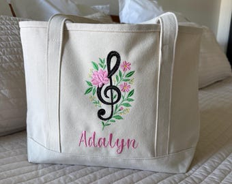Personalized Piano Tote Bag | Floral Treble Clef Bag | Custom Name Music Bag