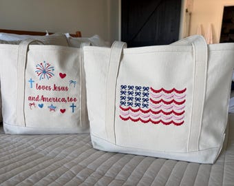 Patriotic Embroidered Fourth of July Tote