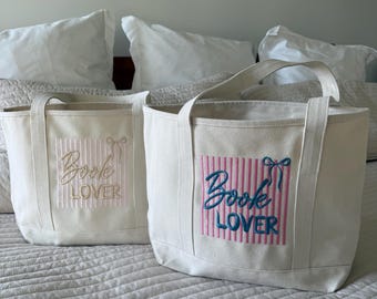Book Lover Tote Bag | Personalized Preppy Tote | Embroidered Book Bag |