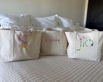 Personalized Floral Tote Bag | Monogram Tote | Initial Tote Bag | Custom Name Bag | Embroidered Canvas Tote | Preppy Floral Bag