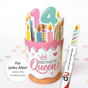 May include: A birthday-themed cake decoration with the number 14 and various colorful candles. The cake design features the words "BIRTHDAY Queen" and the text "Für jedes Alter! Zahlen frei kombinierbar!" in a white circle. A separate candle is also shown.