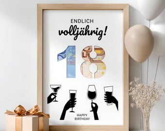 Geld cadeau voor 18e verjaardag PDF | Afdrukbare sjabloon voor volwassenen | Last-minute cadeau voor 18-jarigen