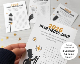 Printbaar sjabloon voor nieuwjaarsbedankjes | 2026 Oracle 4-delige set | Nieuwjaarsspel zoekpuzzel | Feestbedankje A6