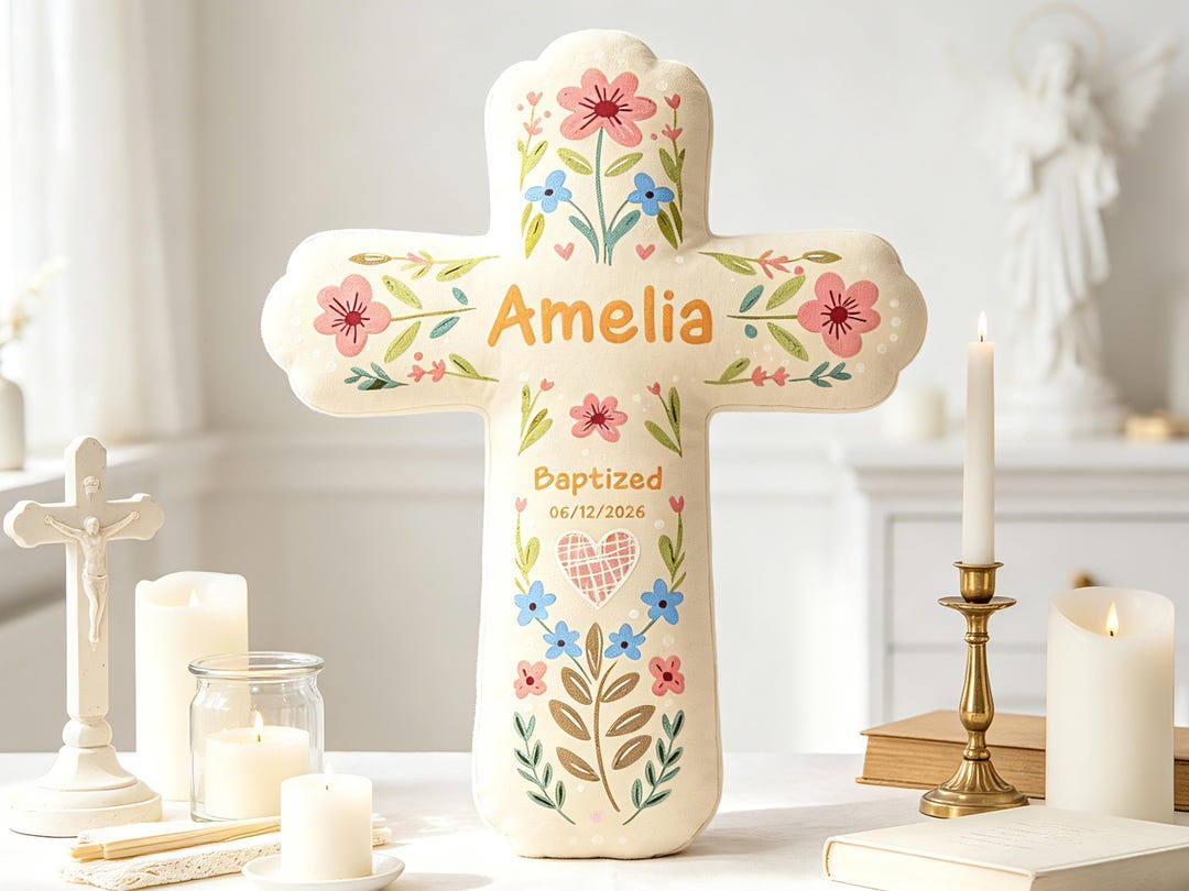 Personalized Floral Cross Plush Pillow,custom Name Baptism Gift,first ...