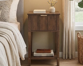 Narrow Walnut Nightstand for Small Spaces, Bedside Table with Fluted Drawer & Open Shelf