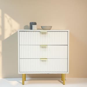 White and Gold Fluted 3-Drawer Nightstand: Glam Bedroom Decor