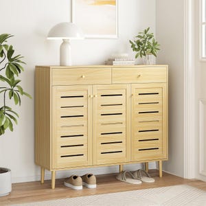 Japandi Slim Shoe Cabinet: Hidden Storage, Adjustable Shelves, Light Oak/Walnut