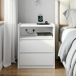 White Nightstand with Charging Station, 2-Drawer Modern Bedside Table with USB/Type-C Ports & Tray Top