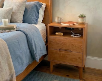 Mid-Century Modern Warm Caramel Nightstand 26" with Charging Station, 2 Drawers & Storage, Designed by Us