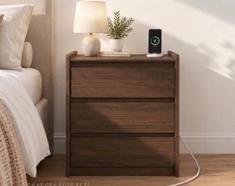 Dark Walnut Charging Nightstand, 3-Drawer Bedside Table with USB-C & Raised Edge