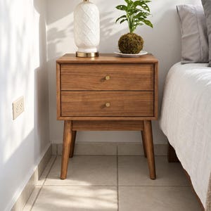 Warm Acorn 2-Drawer Nightstand, Mid Century Modern Bedside Table with Gold Knobs