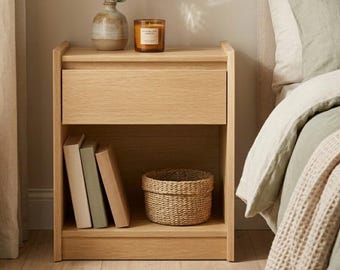 Natural Oak Nightstand with Drawer & Open Shelf, 24" Tall Japandi Bedside Table