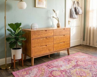 Caramel Mid-Century 6-Drawer Wooden Dresser - Walnut Grain, for Bedroom/Living Room, Designed by Us