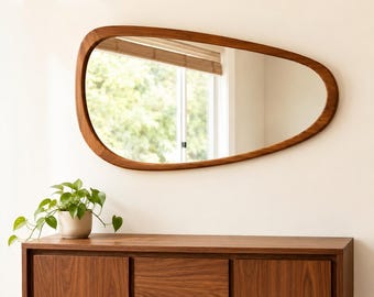 Wabi Sabi Large Mirror,  Solid Wood Irregular Wall Mirror with Warm Walnut Finish