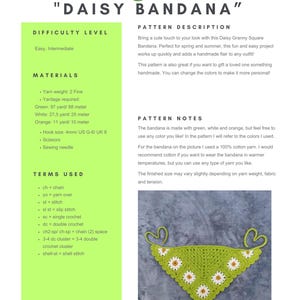 May include: A crochet pattern for a "Daisy Bandana" with a green granny square design and white and orange daisy accents. The pattern includes materials, difficulty level, and terms used. The finished bandana is shown in the image.