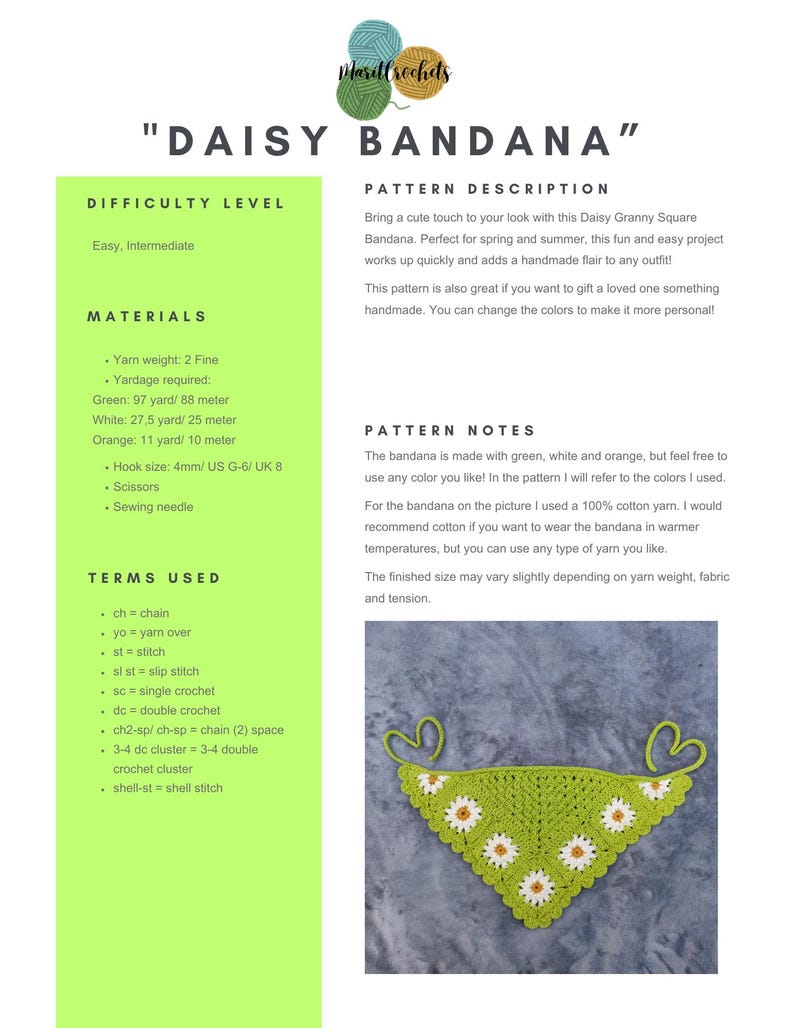 May include: A crochet pattern for a "Daisy Bandana" with a green granny square design and white and orange daisy accents. The pattern includes materials, difficulty level, and terms used. The finished bandana is shown in the image.