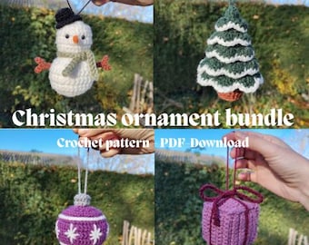 May include: A bundle of four handmade crochet Christmas ornaments. The ornaments include a snowman, a Christmas tree, a purple bauble with white stars, and a purple gift box. The text "Christmas ornament bundle" and "Crochet pattern PDF Download" are also visible.