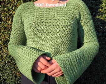PATRÓN DE GANCHILLO - Suéter con mangas acampanadas - Fácil - Talla ajustable - Descarga instantánea en PDF