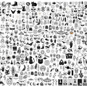 以下が含まれることがあります： 黒と白のイラストのコレクションで、天体と神秘的なシンボルが特徴です。画像には、月、星、猫、手、キノコ、タロットカード、その他の難解なデザインが含まれています。イラストは詳細で、密集したパターンで配置されています。
