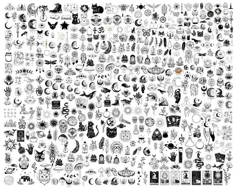 以下が含まれることがあります： 黒と白のイラストのコレクションで、天体と神秘的なシンボルが特徴です。画像には、月、星、猫、手、キノコ、タロットカード、その他の難解なデザインが含まれています。イラストは詳細で、密集したパターンで配置されています。
