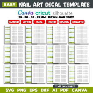 May include: A template for nail art decals with various nail shapes, including almond, coffin, oval, round, square, and stiletto. The design is compatible with Canva, Cricut, and Silhouette machines. The sheet size is 12x12 inches.
