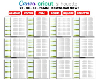 14 plantillas de calcomanías para uñas, plantillas imprimibles, uñas XL, almendra, cuadrado, ovalado, cuadrado, Canva, SVG para Cricut, descarga instantánea
