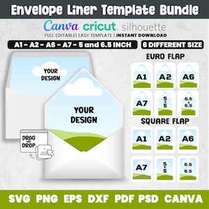 May include: An envelope liner template bundle with the text "Envelope Liner Template Bundle". The image shows two open envelopes with a landscape design and the words "YOUR DESIGN". Includes sizes A1, A2, A6, A7, 5x5 inches, and 6.5x6.5 inches.