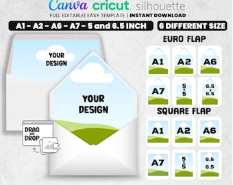 Plantilla de sobre de 6 tamaños, Euro - Solapa cuadrada, Canva, A1, A2, A6, A7, Cricut, Silhouette, archivos digitales
