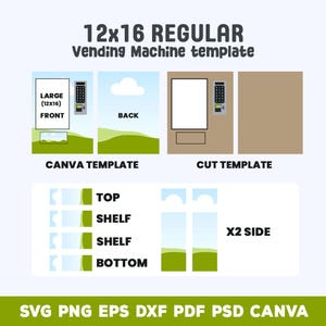 Puede incluir: Una plantilla de m&aacute;quina expendedora con el texto "12x16 REGULAR Vending Machine template". El dise&ntilde;o incluye plantillas frontal, trasera y de corte, junto con elementos de estante y laterales. La plantilla est&aacute; disponible en formatos SVG, PNG, EPS, DXF, PDF, PSD y Canva.